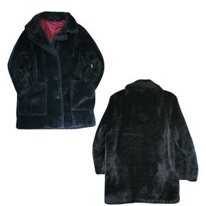 Vintage 60's NPC Fashions Faux Fur Black Double Breasted Pea Coat Large EUC